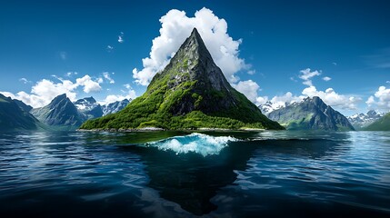 Sticker - Majestic pyramidal island in fjord, Norway, sunny day, calm waters