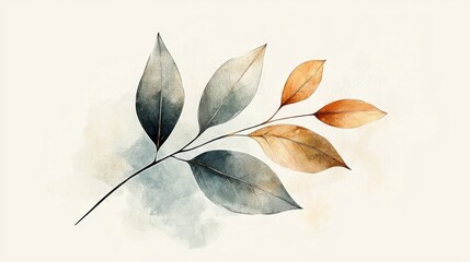 Wall Mural - A delicate watercolor illustration of a branch with green and autumn-colored leaves, capturing the beauty of nature.