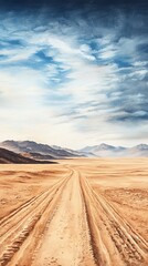 Wall Mural - A vast, empty landscape features a dirt road leading towards distant mountains under a cloudy blue sky.