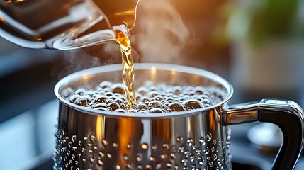 Wall Mural - Hot coffee being poured into metallic mug with steam rising and morning sunlight creating golden glow, close up view showing rich coffee bubbles and aromatic brew.