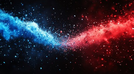 Poster - Vibrant clash of colors with dynamic blue and red powder swirling in a cosmic dance against a dark backdrop