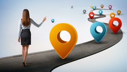 Wall Mural - abstract representation of customer journey concept with colorful location markers on a winding path