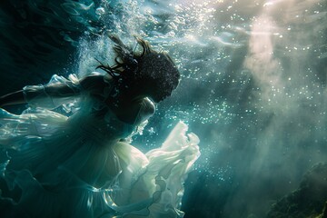 Aufkleber - Young lady is submerged in water, wearing a white gown