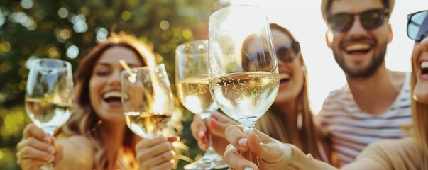 happy friends toasting with glasses of white wine at an outdoor gathering on a sunny day