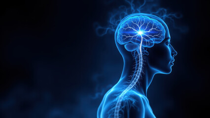 Wall Mural - An illustration showing a person's head with highlighted vns, vagus nerve stimulation, along with surrounding blue energy or electrical activity to represent the concept.