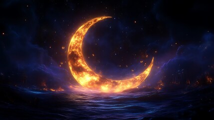 Wall Mural - Fiery Crescent Moon Over Burning Sea And Stars