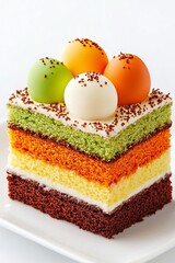 Sticker - Beautiful multi-layered cake with green, orange, yellow, and brown layers, topped with vibrant spheres and sprinkles, on a white plate