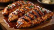 © YONG - A perfectly grilled chicken fillet with drizzled barbecue sauce, showcasing the smooth texture and vibrant color of fresh meat on an elegant wooden platter.