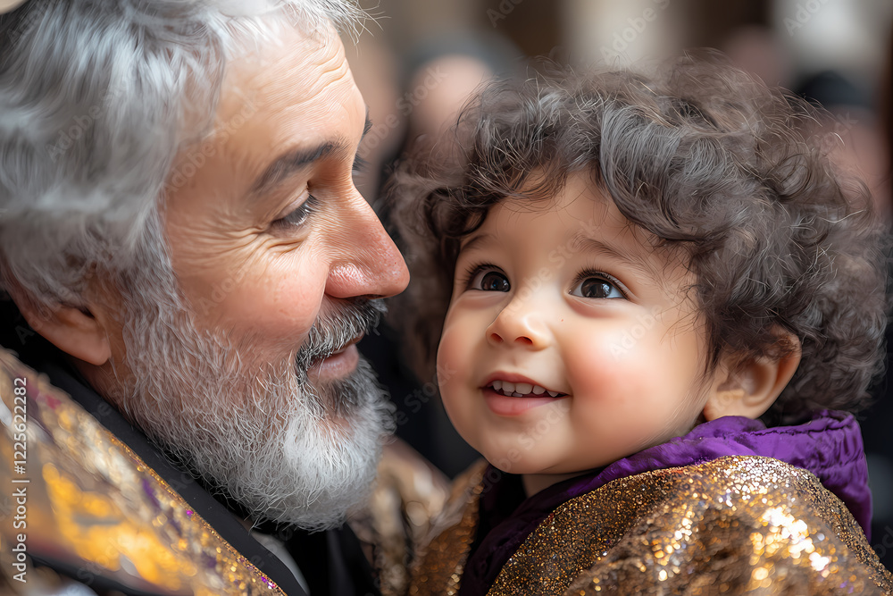 A priest performing a traditional ritual by marking a small child's ...