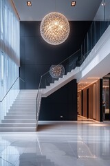 Wall Mural - Modern chandelier over an empty white staircase with black wall and glass railings