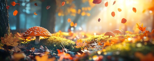 Poster - Scenic autumnal view of a red and white mushroom growing on mossy ground with falling leaves