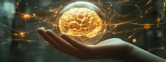 Hand Holding Holographic Brain Sphere