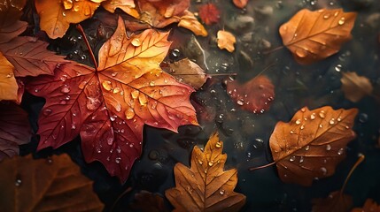 Poster - Serenity of autumn: colorful fall leaves and glistening raindrops on water create a tranquil scene