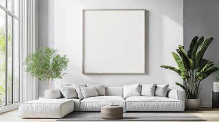 Wall Mural - A large white framed picture hangs on a white wall above a white sectional sofa.