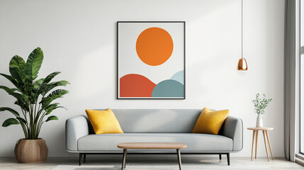 Wall Mural - A minimalist living room with a gray sofa, wooden coffee table, and abstract painting.