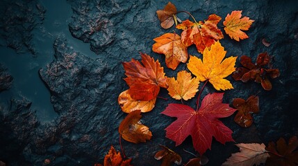 Poster - Vibrant autumn leaves scattered on a wet rock, showcasing the beauty of the season
