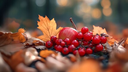 Aufkleber - Red apple and a bunch of red berries are laying on the ground covered with colorful autumn leaves