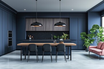 Wall Mural - Modern kitchen with island table wooden dining table black chairs pink sofa gray ceiling