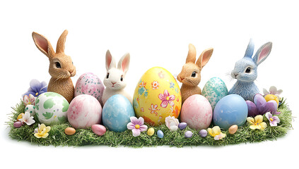 A charming Easter scene featuring three adorable ceramic bunnies, nestled amidst a decorative nest of colorful, painted Easter eggs