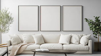 Wall Mural - A living room with a white sofa, coffee table, and three empty picture frames on the wall.