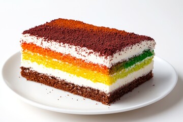 Sticker - A colorful slice of rainbow layered cake with vibrant red, orange, yellow, and green layers, topped with icing, on a white background