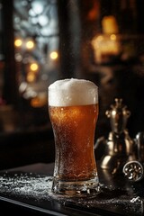 Aufkleber - Frosty beer glass sits on a bar with sparkling lights in the background