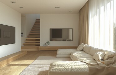 Wall Mural - Modern living room with couch TV wooden staircase white walls carpet beige sofa and ceiling lights