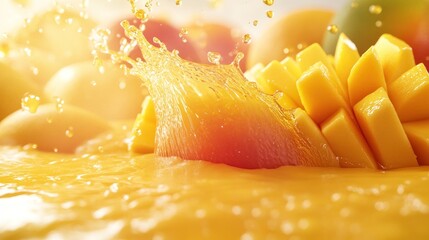 Wall Mural - Mango juice splash, fruit pieces,  vibrant background, healthy drink