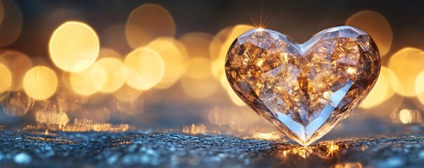 Poster - Sparkling crystal heart stands out on a textured glittery backdrop with a golden bokeh background