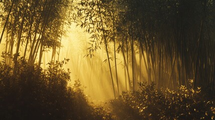 Wall Mural - Golden Bamboo Forest: A Mystical Sunrise