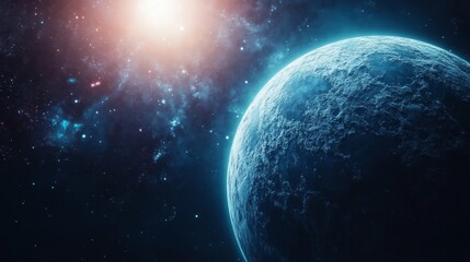 A blue planet with a sun in the background