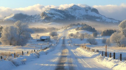 Canvas Print - Snowy road, mountain sunrise, winter landscape, travel