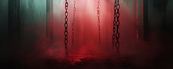 Poster - Spooky red light illuminating hanging chains in dark interior with fog effect