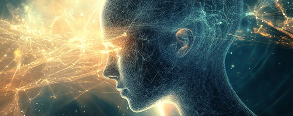 Poster - Illuminated wireframe mesh of a human head symbolizes the interconnectedness of consciousness, artificial intelligence, and existence