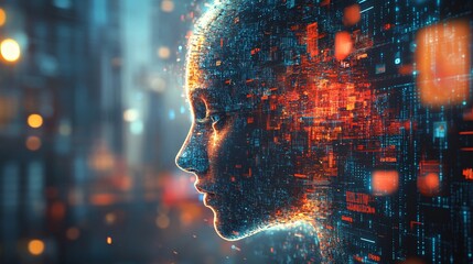 Poster - Futuristic woman's face is forming from data code in a digital world