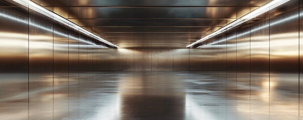 Aufkleber - Modern building's empty metallic corridor illuminated by warm light