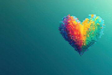 Wall Mural - a solid teal background featuring a digital heart made of pixelated blocks, transitioning from a rai