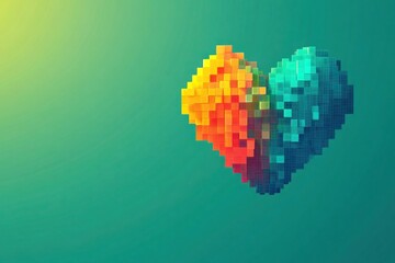 Wall Mural - a solid teal background featuring a digital heart made of pixelated blocks, transitioning from a rai