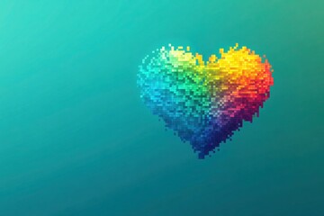 Wall Mural - A solid teal background featuring a digital heart made of pixelated blocks, transitioning from a rainbow gradient in its center outward.