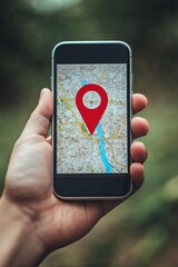Leinwandbilder - Man is holding a cellphone showing a gps navigation app with a map and a red location pin