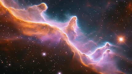 Wall Mural - deep space photography of swirling cosmic clouds in vibrant purples and teals, dotted with luminous 