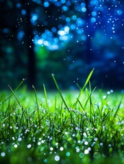 Wall Mural - enchanting night forest grass dewdrops - serene night scene, dew-kissed grass, mystical forest, tran