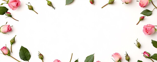 Wall Mural - Floral composition with pink roses and buds creating a frame on white background with copy space