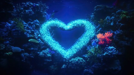 Wall Mural - A serene underwater scene with glowing bioluminescent coral reefs forming a heart shape, surrounded by vibrant marine life in deep blue waters.