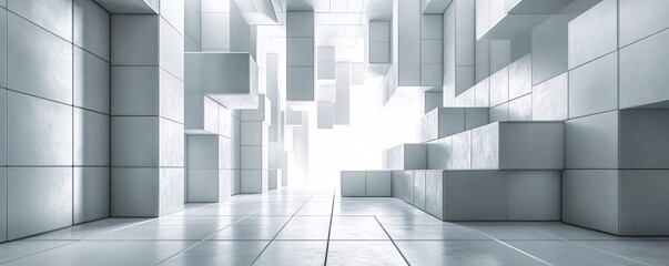 Aufkleber - Minimalist interior with white concrete geometric shapes guiding towards the light at the end of the hallway