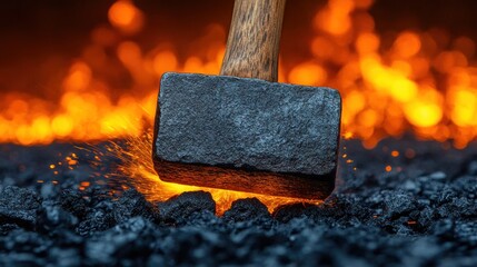 Canvas Print - Hammer striking hot coals, forge, fire, sparks