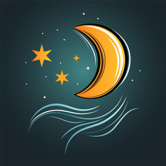 Wall Mural - crescent moon, wind and stars isolated on night sky background, cute icon, weather, lunar, dream, lu