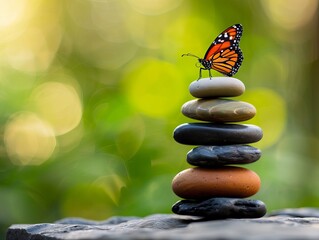 Wall Mural - A delicate monarch butterfly perches on a stack of smooth stones, showcasing vibrant colors against a serene green backdrop. balance harmony of nature