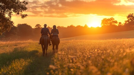 Fototapete - Two riders on horseback stroll hand in hand along a grassy path as a vibrant sunset paints the sky. The golden hues create a tranquil and romantic atmosphere in nature.