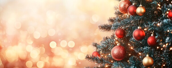 Aufkleber - Sparkling christmas tree with red and gold ornaments against a golden bokeh backdrop